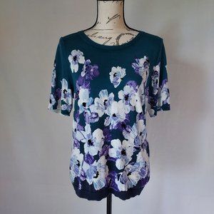 Talbots Knit Top Short Sleeve Crew Neck Floral Green Cotton Rayon Blend Women LP